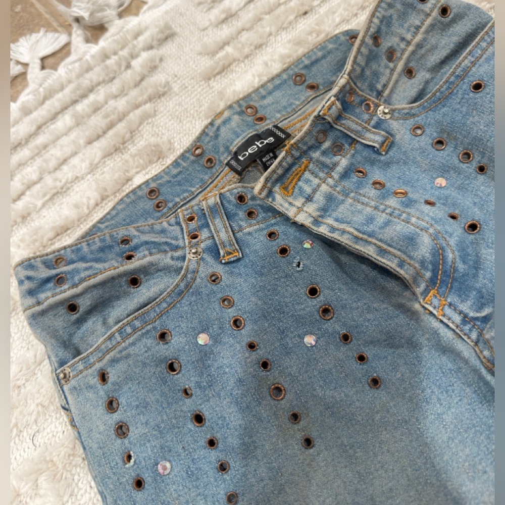bebe Light Blue High-Rise Eyelet & Rhinestone Jeans